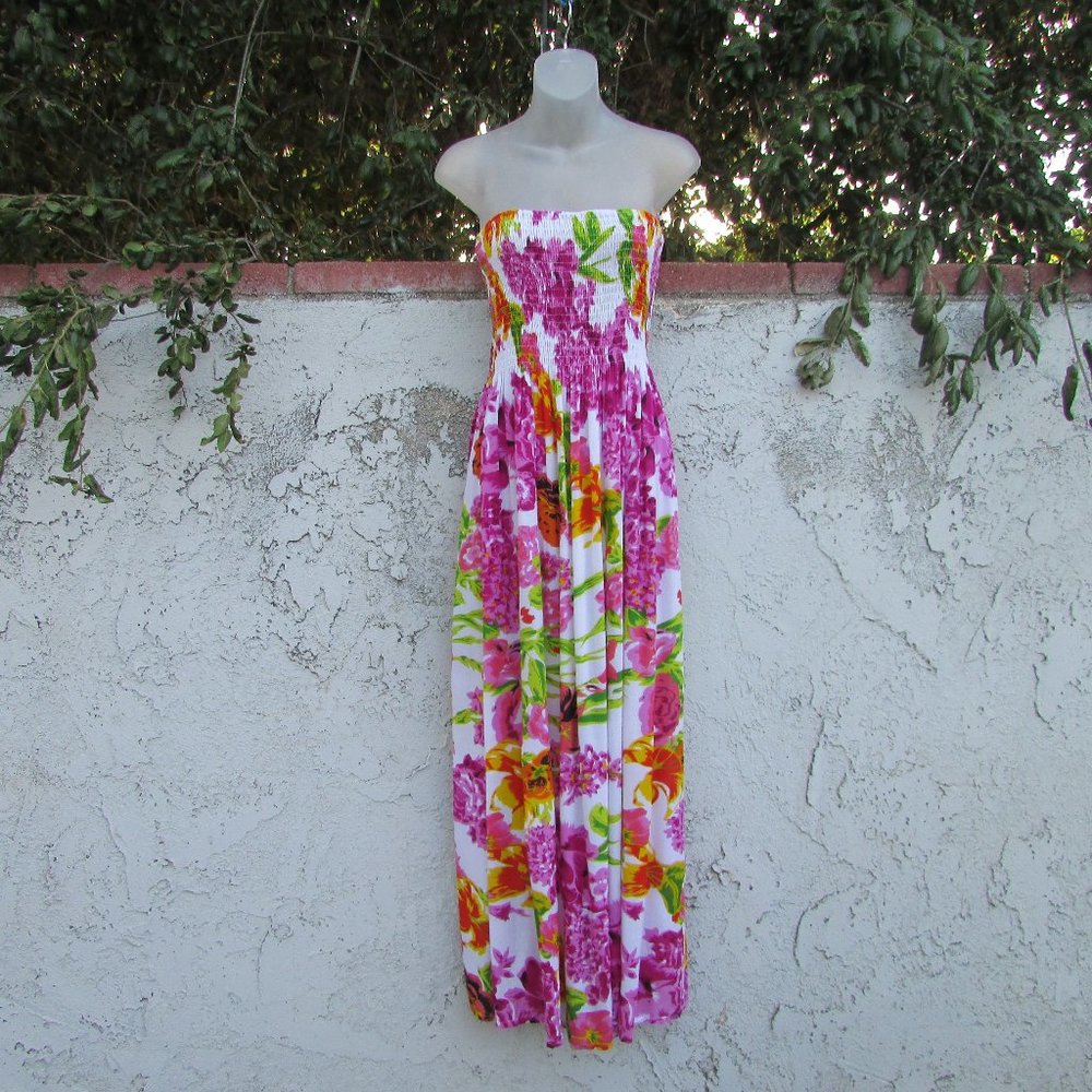 Priya  pink green floral rayon tube dress M